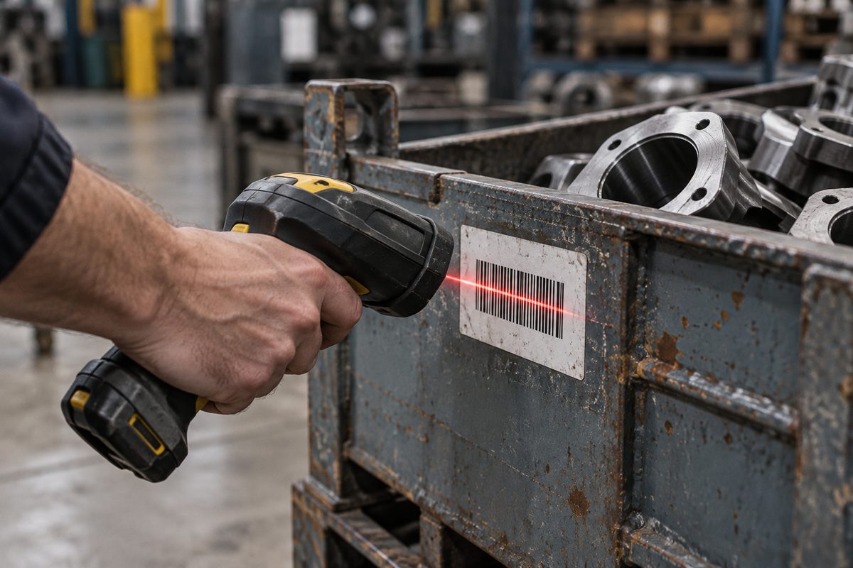 Warehouse inventory scanner reading SKU barcode tag on parts container
