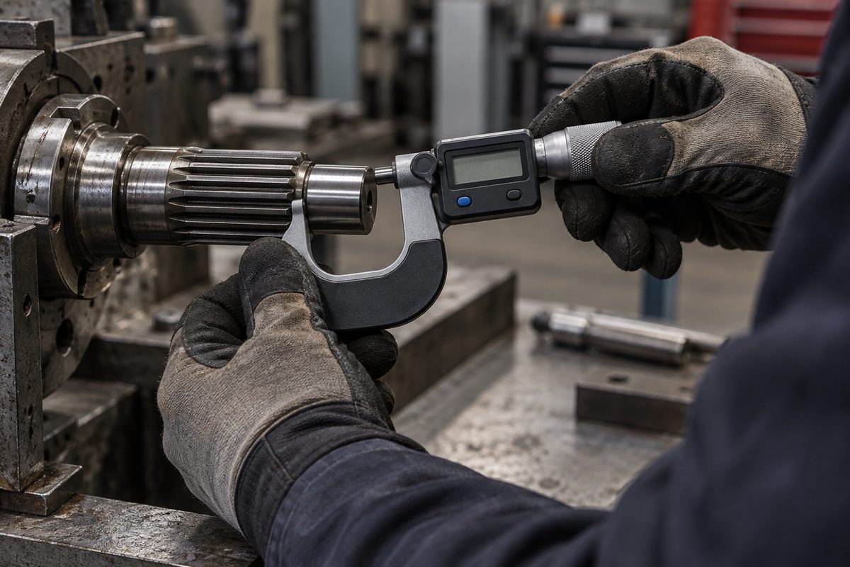 Measurement of machined machinery shaft spline diameter using vernier calipers